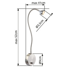 Stolní lampa, klipsové, kov chrom, kov nikl matný, akryl, flexi, vypínač, ŠxV: 43x48cm, včetně 1xLED 3W 3,6V, 150lm, 3000K.