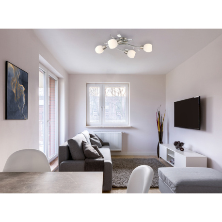 Stropní svítidlo, kov, nikl matný, chrom, sklo bílé, akrylové křišťály, DxŠxV: 70x25x21cm, bez žárovek 4xE14, max. 40W 230V.