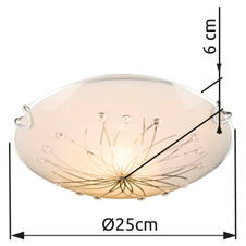 Stropní svítidlo, kov bílý, chrom, satinované sklo, dekorační kamínky, průhledné ozdobné linky, Ø25cm, V:6cm, bez žárovky 1xE27, max. 60W 230V ILLU.