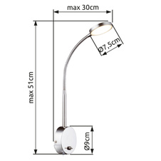 Nástěnné svítidlo, hliník, chrom, sklo satinované, kabel 1,5m, vypínač, DxŠxV: 30x9x51cm, včetně 1xLED 6W 11V, 450lm, 3000K.