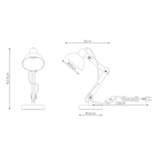 Stolní lampa, bílý kov, světlé dřevo, kabel 1,5m, vypínač, DxŠxV: 32x16x45cm, bez žárovky 1xE27, max. 40W 230V.