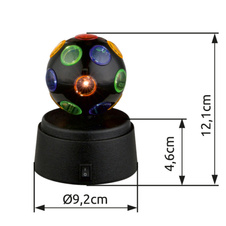 Dekorativní svítidlo, černý plast, plast multicolor, otočná disko koule, vypínač, bez baterií 3xAA 1,5V baterie, Ø9cm, V:12cm, včetně 3xLED 0,06W 3V, bílá.