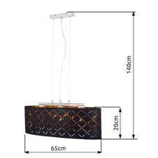 Závěsné svítidlo, kov nikl matný, textil černý a zlatý, stínidlo s ozdobným děrováním, DxŠxV: 63x25x140cm, bez žárovek 3xE27, max. 60W 230V.