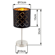 Stolní lampa, kov nikl matný, textil černý a zlatý, stínidlo s ozdobným děrováním, kabel 1,5m, vypínač, Ø15cm, V:35cm, bez žárovky 1xE14, max. 40W 230V.
