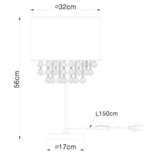Stolní lampa, kov nikl matný, textil zlatý, akrylové křišťály průhledné, kabel 1,5m, vypínač, Ø32cm, V:56cm, bez žárovky 1xE27, max. 60W 230V.