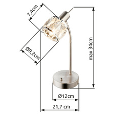 Stolní lampa, kov nikl matný, chrom, skleněný křišťál průhledný, flexi, vypínač, DxŠxV: 22x12x28cm, bez žárovky 1xE14, max. 40W 230V