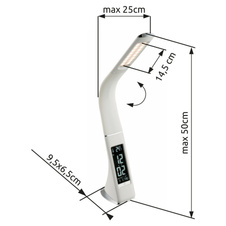 Stolní svítidlo, plast, černá, chrom, s hodinami a budíkem, flexi, stmívatelné, fixace barev, dotykový stmívač, DxŠxV: 25x7x51cm, 1xLED 6,5W 230V, 260lm, změna barvy světla, 3000-4500-5800K
