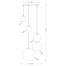Závěsné svítidlo, kov zlatý, sklo průhledné zlaté, 5 koulí s průměrem: 2x15-20-25-33 cm, Ø65cm, V:150cm, bez žárovek 3xE27, max. 40W 230V, 2xE27 ILLU 25W 230V.