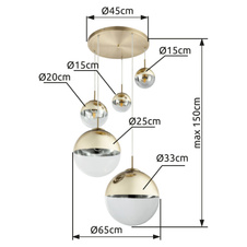 Závěsné svítidlo, kov zlatý, sklo průhledné zlaté, 5 koulí s průměrem: 2x15-20-25-33 cm, Ø65cm, V:150cm, bez žárovek 3xE27, max. 40W 230V, 2xE27 ILLU 25W 230V.