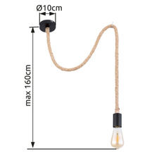 Závěsné svítidlo, kov černý, lano hnědé, Ø10cm, V:166cm, bez žárovky 1xE27, max. 60W 230V