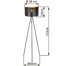 Stojanové svítidlo, kov černý, plast černý a zlatý, průměr stínítka: 38 cm, kabel 1,8 m, vypínač, Ø69cm, V:153cm, bez žárovky 1xE27, max. 40W 230V