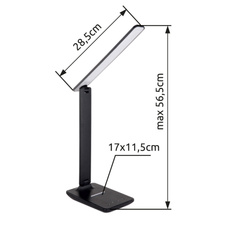 Stolní lampa, černý plast, imitace kůže, vypínač, fixace barev, dotykový stmívač, DxŠxV: 42x12x57cm, včetně 1xLED 6W 230V, 20-350lm, změna barvy světla 3000-4500-6500K