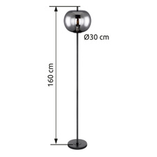Stojací svítidlo, černý kov, kouřové sklo, vypínač, Ø30cm, V:160cm, bez žárovky, 1xE27, max. 60W 230V
