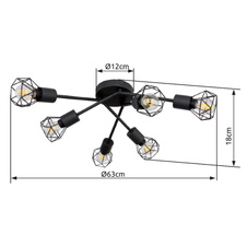 Stropní svítidlo, černý kov, Ø63cm, V:18cm, bez žárovek 6xE14, max. 40W 230V