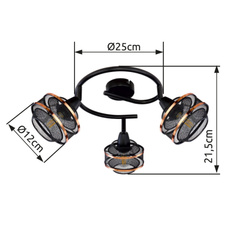 Stropní svítidlo, kov černý a zlatý, nastavitelné, Ø25cm, V:22cm, bez žárovek 3xE14, max. 40W 230V