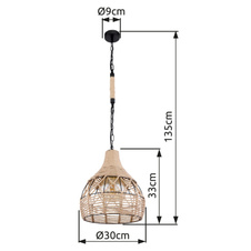 Závěsné svítidlo, kov černý matný, konopné lano hnědé, černý řetěz, Ø30cm, V:135cm, bez žárovky 1xE27, max. 60W 230V