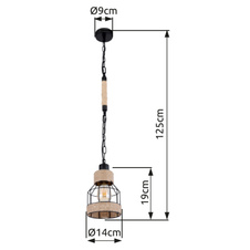 Závěsné svítidlo, kov černý matný, konopné lano hnědé, černý řetěz, Ø14cm, V:125cm, bez žárovky 1xE27, max. 60W 230V