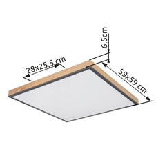 Stropní svítidlo, hliník, grafit, MDF imitace dřeva, akryl bílý, rám imitace dubu, DxŠxV: 59x59x7cm, včetně 1xLED 36W 230V, zdroj 3800lm, výstup 2250lm, 3000K