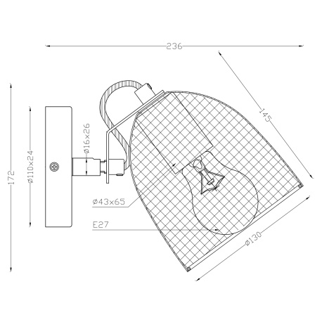 Nástěnné svítidlo, dřevo hnědé a černé, kov černý, mřížované kovové stínítko, ŠxV: 13x17cm, H:24cm, bez žárovky 1xE27, max. 60W 230V
