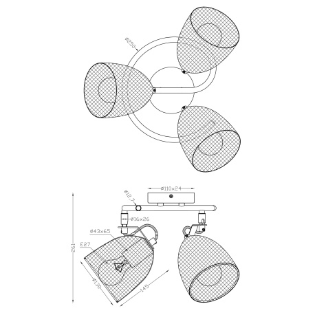 Stropní svítidlo, dřevo hnědé a černé, kov černý, mřížované kovové stínítko, Ø25cm, V:26cm, bez žárovek 3xE27, max. 60W 230V