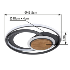 Stropní svítidlo, kov grafit, tmavohnědé dřevo, akryl bílý, Ø50cm, V:8cm, včetně 1xLED 45W 230V, 4900lm zdroj, 1600lm výstup, 3000K