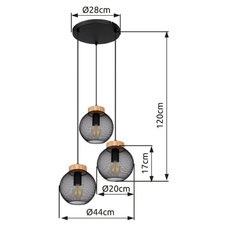 Závěsné svítidlo, kov černý, hnědé dřevo, Ø44cm, V:120cm, bez žárovek 3xE27, max. 60W 230V