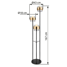 Stojací svítidlo, kov černý matný, sklo, mosaz, vypínač, Ø:43cm, V:167cm, délka kabelu 1,8m, bez žárovek 3xE27, max. 60W 230V