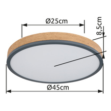 Stropní svítidlo, kov grafit, MDF vzhled dřeva, plast bílý, Ø:45cm, V:9cm, včetně LED 24W 230V, 3200lm zdroj, 1800lm výstup, 3000K