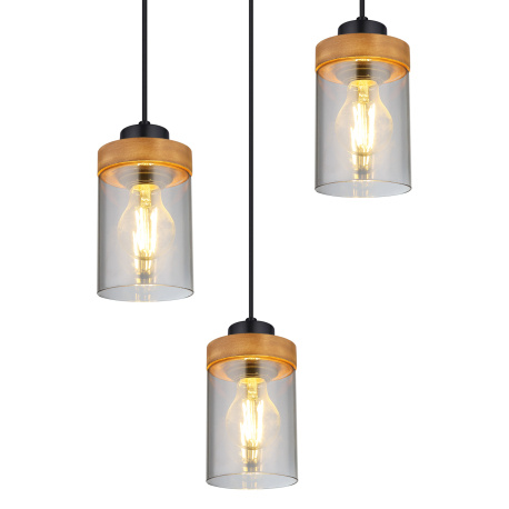 Závěsné svítidlo, kov černý, dřevo, kouřové sklo, Ø39cm, V:150cm, bez žárovek 3xE27, max. 40W 230V