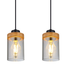 Závěsné svítidlo, kov černý, dřevo, kouřové sklo, DxŠxV: 82x10x150cm, bez žárovek 4xE27, max. 40W 230V