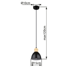 Závěsné svítidlo, kov černý a bílý, kov vzhled dřeva, černý PVC kabel, Ø:15cm, V:120cm, bez žárovky 1xE27, max. 40W 230V