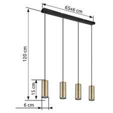 Závěsné svítidlo, kov černý, mosaz, černý PVC kabel, DxŠxV: 65x6x120cm, bez žárovek 4xGU10, max. 35W 230V