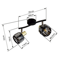 Nástěnné svítidlo, kov černý, kov zlatý, skleněné křišťály kouřové, DxŠxV: 28x22x18cm, bez žárovek 2xE14, max. 40W 230V