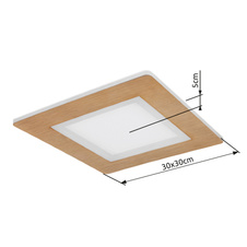 Stropní svítidlo kov bílý, akryl imitace dřeva, akryl bílý, DxŠxV:300x300x50mm, včetně LED 23,4W 230V, zdroj 2560lm, výstup 1300lm, CCT 2700-6500K, vnitřní LED 2700K, vnější LED 6500K