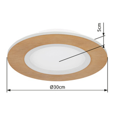 Stropní svítidlo kov bílý, akryl imitace dřeva, akryl bílý, Ø300mm, V:50mm, včetně LED 23,4W 230V, zdroj 2550lm, výstup 1370lm, CCT 2700-6500K, vnitřní LED 2700K, vnější LED 6500K