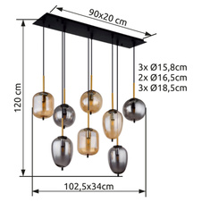 Závěsné svítidlo kov černý mat, mosaz mat, sklo kouřové, jantarové, kabel PVC černý, 4 různé tvary skla a 2 barvy, DxŠxV:1025x340x1200mm, bez žárovek 8x E14 40W 230V