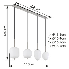 Závěsné svítidlo kov nikl matný, sklo bílé, kabel PVC černý, možnost nastavení výšky, 4 různá skla, DxŠxV:1100x185x1200mm, Ø:stínítka: 15,8cm, 16,4cm, 16,5cm, 18,5cm, bez žárovek 4x E14 40W 230V