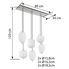 Závěsné svítidlo kov nikl matný, sklo bílé, kabel PVC černý, možnost nastavení výšky, 3 různá skla, DxŠxV:800x340x1200mm, Ø:stínítka: 2x15,8cm, 16,5cm, 18,5cm, bez žárovek 6x E14 40W 230V