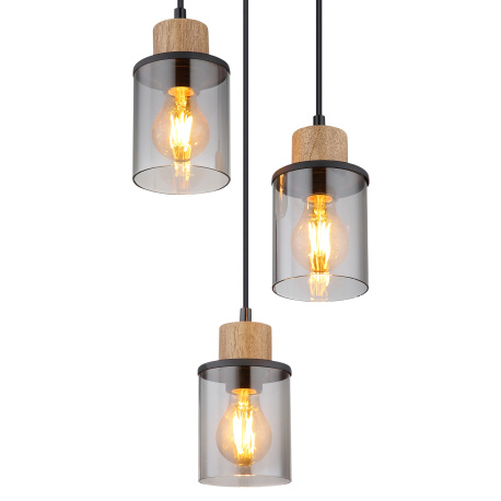 Závěsné svítidlo, kov černý matný, dřevo, sklo kouřové, kabel PVC černý, Ø:270mm, V:1200mm, bez žárovek 3xE27,max. 15W 230V