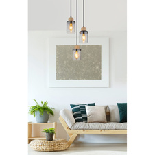 Závěsné svítidlo, kov černý matný, dřevo, sklo kouřové, kabel PVC černý, Ø:270mm, V:1200mm, bez žárovek 3xE27,max. 15W 230V