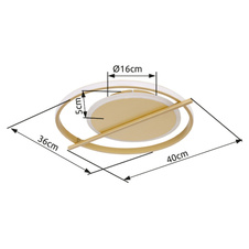 Stropní svítidlo kov zlaté barvy, hliník zlaté barvy, plast bílý, DxŠxV:400x360x50mm, LED 36W 230V, 3650lm zdroj, 2800lm výstup, 3000K