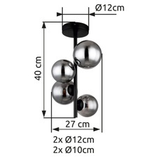 Stropní svítidlo kov černý matný, kouřové sklo Ø:235mm, V:400mm, Ø:2x10cm, 2x12cm, včetně 4x G9 LED 3,5W 230V, 350lm zdroj, 80lm výstup, 3000K, včetně LED žárovek 10676