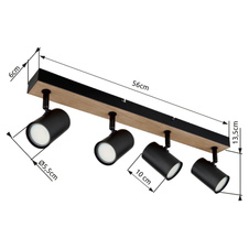 Stropní svítidlo kov černý matný, MDF, imitace tmavého dřeva, DxŠxV:555x60x135mm, bez žárovek 4xGU10 35W 230V