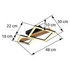 Stropní svítidlo kov černý mat, MDF imitace dřeva, ABS černý mat, plast bílý, DxŠxV:480x300x100mm, malý čtverec 16x16 cm, velký čtverec 22x22 cm, LED 19W 230V, 2100lm zdroj, 1150lm výstup, 3000K