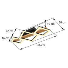 Stropní svítidlo kov černý mat, MDF imitace dřeva, ABS černý mat, plast bílý, DxŠxV:660x300x100mm, malé čtverce 16x16 cm, velké čtverce 22x22 cm, LED 29W 230V, 2900lm zdroj, 1560lm výstup, 3000K