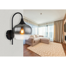 Nástěnné svítidlo kov černý matný, sklo kouřové barvy, vypínač na výrobku, směr světla: dolů, ŠxV:180x320mm, H:250mm, bez žárovky 1x E27 40W, 230V