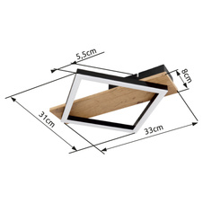 Stropní svítidlo, kov černý matný, MDF se vzhledem dřeva, plast černý matný, plast bílý, DxŠxV:330x310x55mm, včetně LED 12W 230V, 1350lm zdroj, 600lm výstup, 3000K