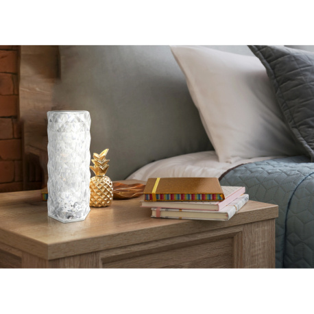 Nabíjecí stolní lampa čirý plast s křišťálovým efektem, dotykové zapnutí/vypnutí, stmívatelné, plynulý dotykový stmívač, bez adaptéru, baterie 800mAh 3,7 V, Ø:90mm, V:210mm, délka kabelu 800mm, LED 1,5W 5V, výstup 50lm, CCT 2700-6500K