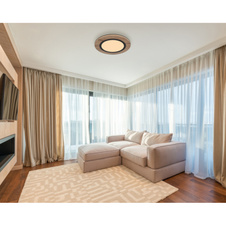 Stropní svítidlo kov černá matná, MDF imitace dřeva, plast bílý, Ø:400mm, V:45mm, LED 15W 230V, 1700lm zdroj, 800lm výstup, 3000K