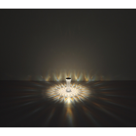 Nabíjecí stolní lampa, čirý plast s křišťálovým efektem, kov stříbrný, dotykové zapínání/vypínání, RGB měnič a fixace barev, bez adaptéru, včetně aku. 800mAh 3,7V, Ø:80mm, V:185mm, délka kabelu 800mm, včetně RGBW LED 1,5W 5V